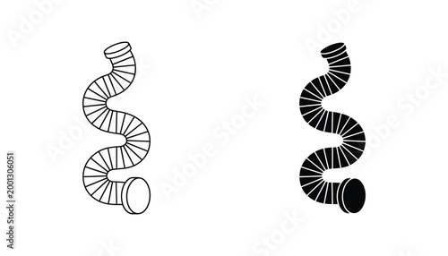 Flexible industrial pipe or ventilation hose icon set in outline and solid black styles for engineering and construction technical diagrams
