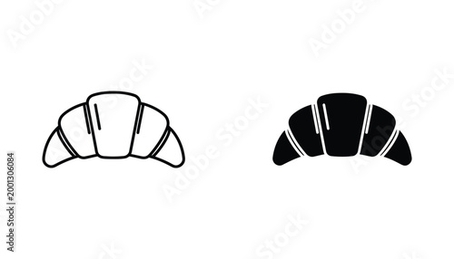 Fresh croissant pastry icon set showing outline and solid black silhouettes for bakery and cafe mobile application user interfaces