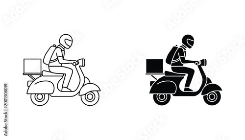 Delivery scooter rider icon set displaying courier on motorbike in outline and solid black versions for logistics and food delivery platforms
