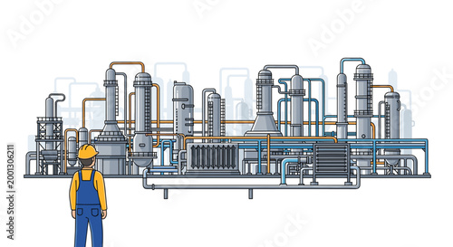 A construction worker wearing a yellow hard hat and blue overalls stands before a large industrial oil refinery facility with complex metal pipes and towers.