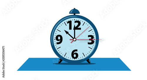 A blue alarm clock with black numerals and red second hands sits on a flat blue plane in a dynamic vector illustration showing a sense of urgency and passing time.