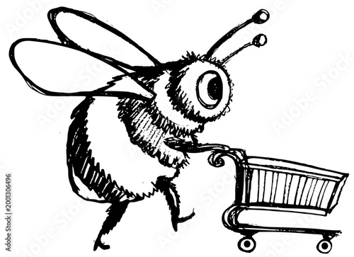 Funny cartoon bee pushing a shopping cart, hand-drawn sketch illustration