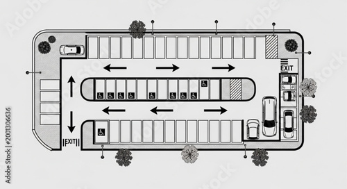 Aerial view of a detailed parking lot plan with cars and directional arrows.