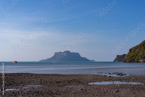 Boat and Karst Island at Low Tide, Koh Phaluai, Thailand