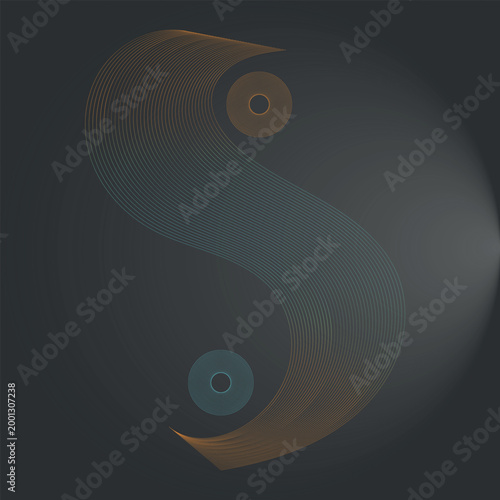 A 3d fractal art illustration featuring a blue wave pattern and spiral swirl shapes forming a vector yin yang symbol wallpaper design.