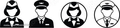 Set of pilot and flight attendant avatar icons featuring airline crew silhouettes in uniform for travel and aviation industry projects