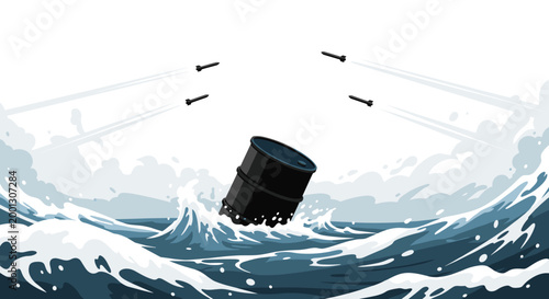 A single black oil barrel floats amidst choppy sea waves under a bright clear sky as four military missiles fly overhead creating distinct white vapor trails.