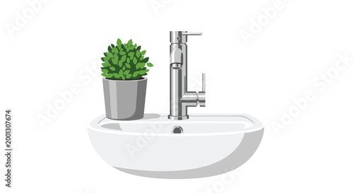 A small potted plant featuring dense green foliage sits beside a modern polished silver water faucet mounted on a clean white ceramic basin sink.