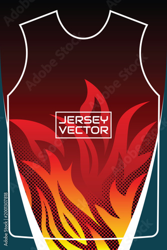 Abstract Fire Flame Sports Jersey Design Template for Soccer and Gaming, Red and Orange Burning Flame Sublimation Jersey Pattern Vector, Modern Minimal Sport Uniform Sublimation Print.
