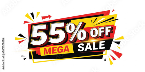 Mega Sale Banner with Fifty Five Percent Off Discount Text Bold Promotional Label for Shopping Marketing Vector Design