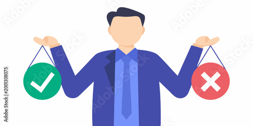 person holding checkmark and cross symbols vector illustration