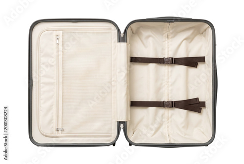 Obraz na płótnie Open empty grey hard shell suitcase showing interior