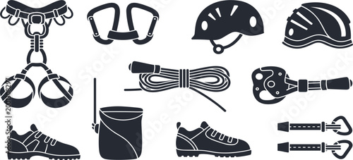 Rock Climbing Equipment Icon Set with Harness Helmet Rope Shoes and Safety Gear Vector Collection