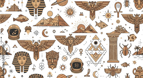 Ancient egyptian themed pattern with geometric shapes and decorative elements