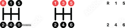 Manual car gear shift pattern icons showing five and six speed transmission layouts with reverse gear for automotive and driving instruction