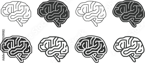 Set of eight human brain icons stylized with electronic circuit board patterns for artificial intelligence mental health cognitive science neuroscience and digital intelligence research themes.