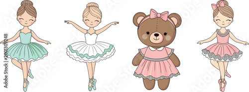 Cute ballerina girls and teddy bear character set wearing ballet dresses adorable dance theme cartoon vector illustration isolated on light background
