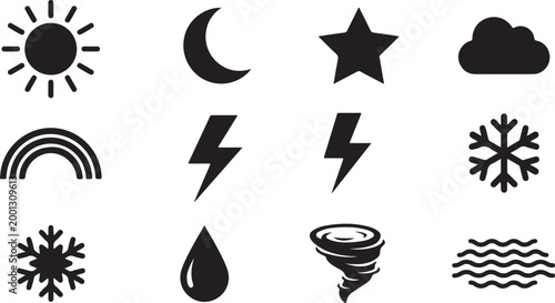 Minimalist black and white of weather symbols and celestial crescent moon
