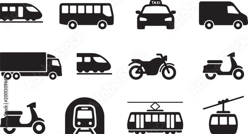 Black and white of various vehicles and transportation symbols
