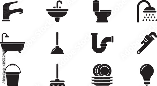 Black and white line of various and symbols including tools and household line symbols household hammer