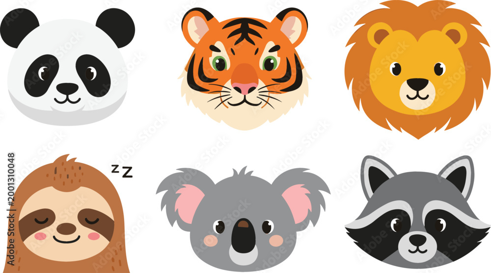 Obraz premium Cute cartoon animal face set including panda tiger lion sloth koala and raccoon adorable wildlife character icons vector illustration isolated