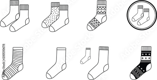 Sock icons set various patterns footwear clothing minimal outline vector collection cozy fashion design