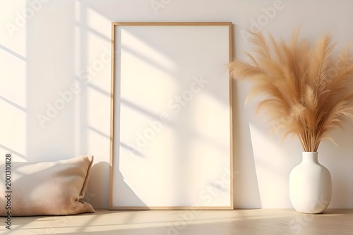 Realistic frame in vertical position and with an blank background, boho beige home decor, living room with pampas grass in a vase
