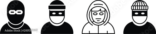 Set of thief hacker and criminal avatar icons featuring masked figures and hooded characters for cybersecurity and crime prevention designs