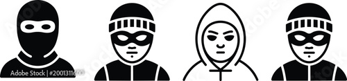 Set of thief hacker and criminal avatar icons featuring masked figures and hooded characters for cybersecurity and crime prevention designs