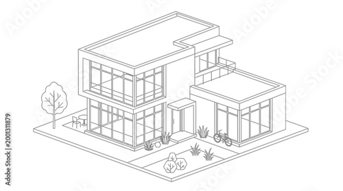 Isometric line drawing of a modern two-story house with large windows, flat roof, and minimalist landscaping.
