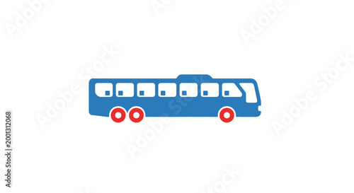 Blue passenger bus icon with red wheels on white background.