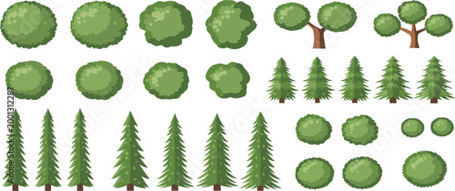 Cartoon Tree and Bush Set with Pine Evergreen Forest Plants Shrubs and Nature Elements Collection Isolated Design