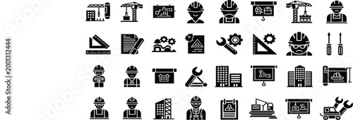 Construction Worker Icon Set with Engineer Tools Crane Blueprint Building and Industrial Symbols Collection Design