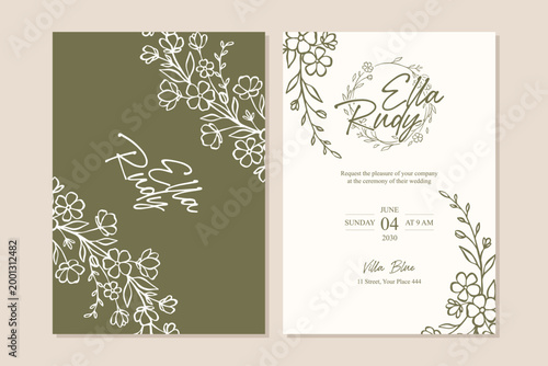Tableau sur toile Floral wedding invitation template with minimalist botanical line art