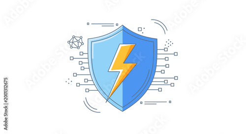 Blue Shield with Yellow Lightning Bolt Symbol Digital Security Concept.