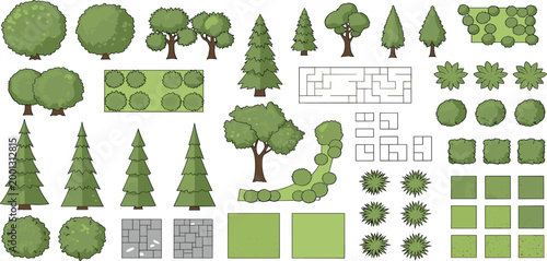Landscape Design Elements Set with Trees Bushes Hedges Paths Grass and Garden Objects Collection Illustration