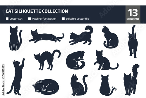Cat silhouette collection with various poses including sitting, jumping, stretching and sleeping for pet, animal and design projects