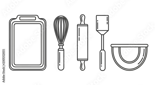 Outlined kitchen utensils illustration on white background for culinary concepts
