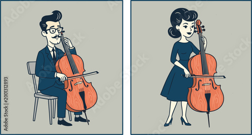 Cello musician illustration set with man and woman playing classical string instrument in vintage style for music and performance design