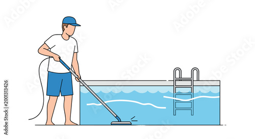 A pool cleaner wearing a white shirt and blue shorts vacuums the floor of a swimming pool with a specialized long pole brush in a clean outdoor environment.