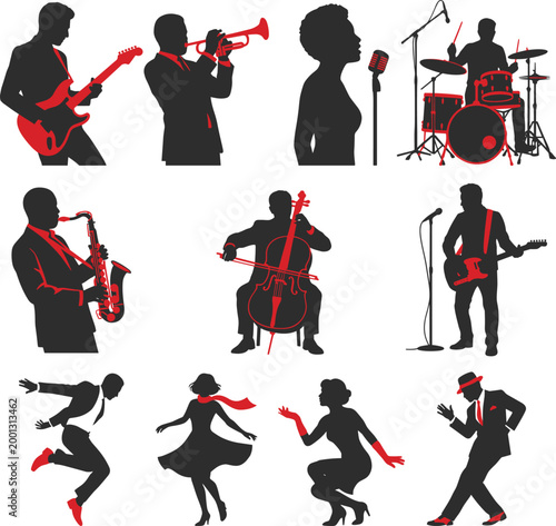 Jazz band and music performance silhouettes with musicians playing instruments, singers and dancers in retro style for entertainment design projects