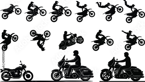 Motorcycle stunt silhouettes collection with riders performing wheelies, jumps and freestyle tricks for extreme sport, biking and urban adventure design projects