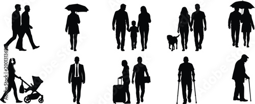 People walking silhouettes collection with family, business, elderly and daily life characters in various poses for urban lifestyle and social design