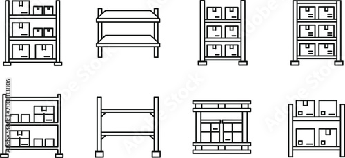 Warehouse Storage Rack and Shelving Icon Set with Boxes Inventory Organization Outline Vector Collection for Logistics Supply Chain and Industrial Use