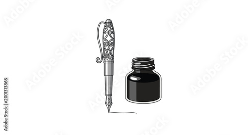A decorative silver fountain pen featuring ornate filigree metalwork sits beside a small glass container of dark ink with a single fluid line trailing from the pen nib.