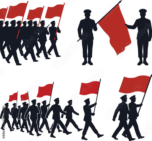 Protest march silhouettes with people carrying red flags, demonstration movement and political rally scenes for activism and social design projects