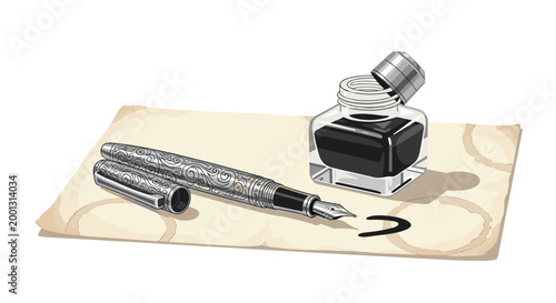 An ornate engraved metal fountain pen lies on a piece of vintage parchment paper beside an open glass inkwell bottle displaying dark black liquid in a bright studio room.