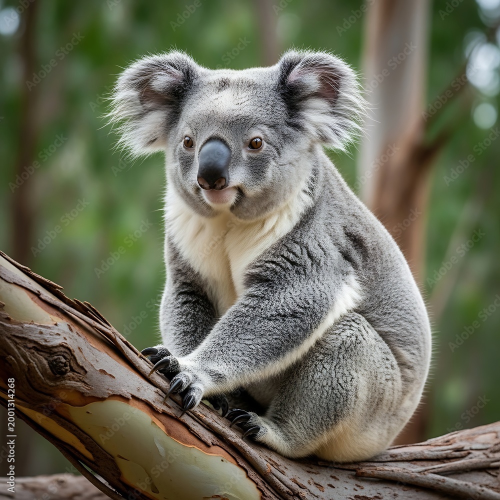 Obraz premium Adorable koala sits calmly on a tree branch, observing its natural habitat with curiosity.