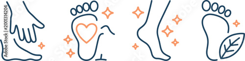 Foot care icons, hand with leg, female legs with leaves, footprints with heart, vector line art, clean linear symbols illustrating relaxation, natural treatment, and body care, 