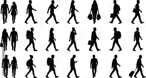 Walking people silhouettes collection with men and women carrying bags, business and casual movement poses for urban lifestyle and daily activity design